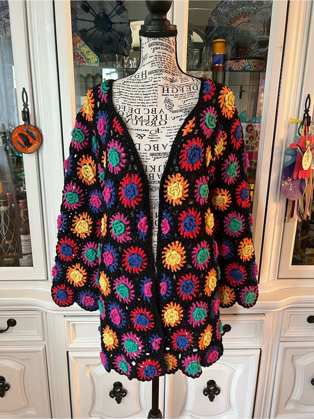 FARM Rio Black Crochet Cardigan with Multicolor Sunburst and Floral Motifs M